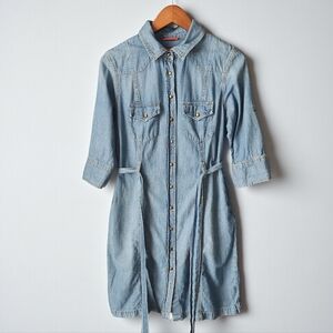Merona Chambray Denim Shirt Dress Womens S Belted Button Up Mini 3/4 Roll Tab